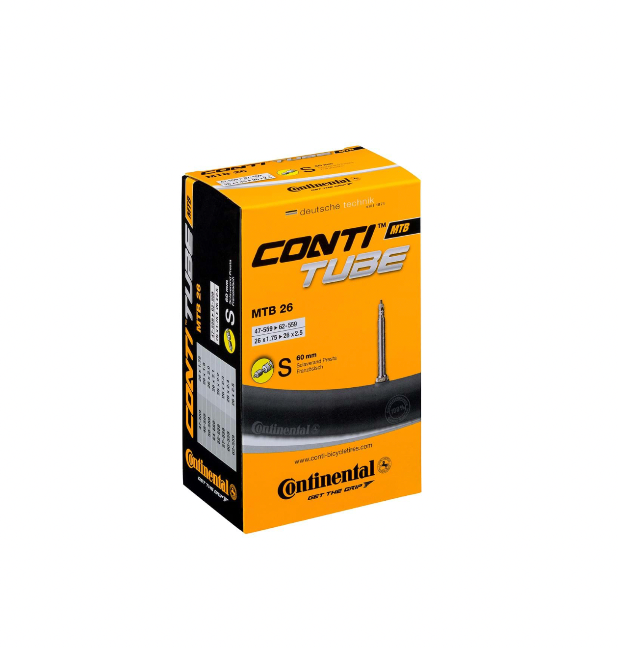 CONTINENTAL MTB TUBE - PRESTA 60MM VALVE: BLACK 26X1.75-2.50"