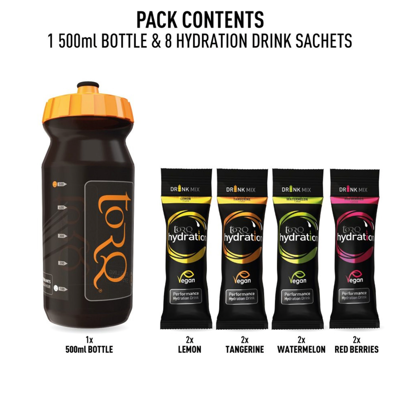 TORQ HYDRATION 500ML BOTTLE SAMPLE PACK - 8 DRINKS (2 X 4 FLAVOURS)