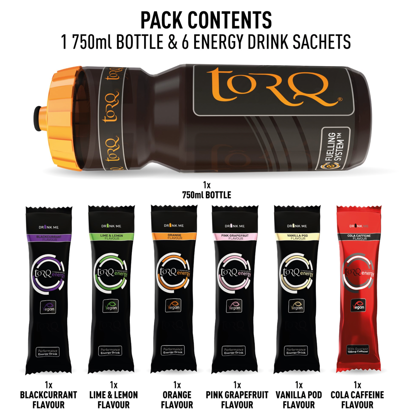 TORQ ENERGY 750ML BOTTLE SAMPLE PACK - 6 DRINKS (5 X STANDARD, 1 X CAFFEINATED)